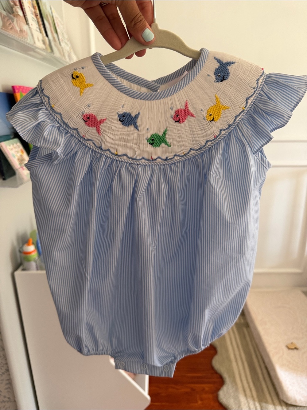 Stitchy Fish Striped Smocked Baby Romper with Colorful Fish Embroidery